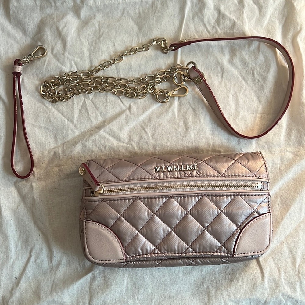 MZ Wallace Crosby Convertible Crossbody Wristlet in Rose gold Metallic.